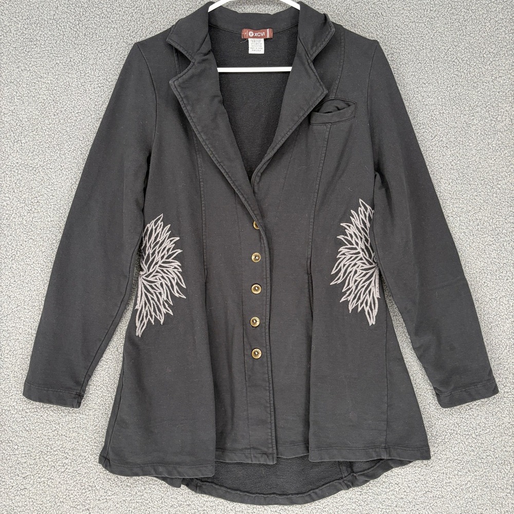 XCVI Black Cotton Knit Blazer Embroidered Button Front Jacket 10741 Womens Large